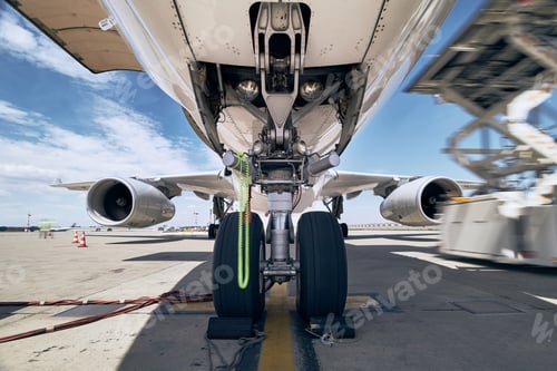 Preview: Close-up view of landing gear. Loading of cargo to airplane before flight.