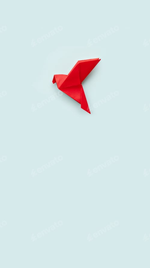 Preview: one red paper origami pigeon on pastel blue background, vertical, 16:9