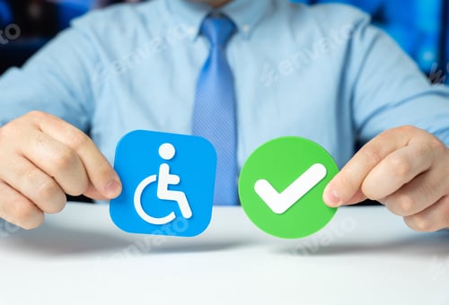 Preview: Official with a symbol of a person with a disability and a green checkmark indicating acceptance