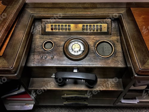 Preview: Vintage Wooden Telephone Switchboard in Office Setting