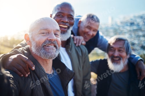 Preview: Senior hiking, selfie and nature walk of elderly men smile together in retirement. Friends, trekkin