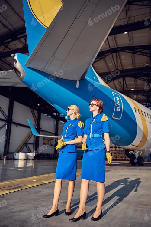 Preview: Elegant stylish women air hostesses posing at the photo camera in the outdoors at the airport