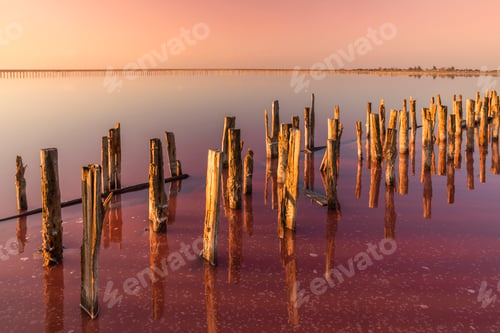 Preview: Salt on a pink salt lake at sunset. Pink Salt Lake Torrevieja