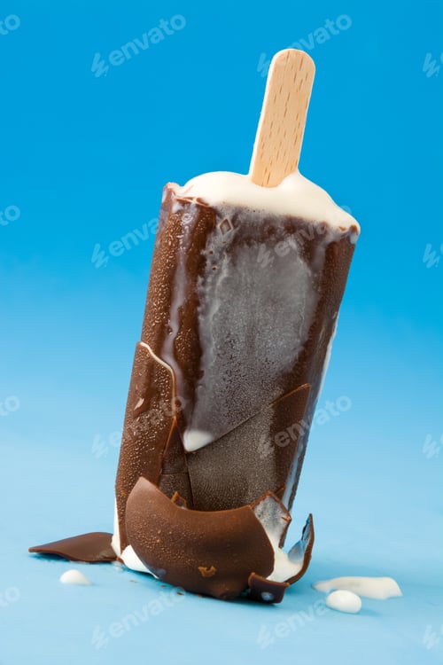 Preview: Melting chocolate ice cream bar on blue background
