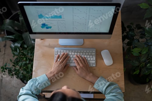 Preview: Overview of young female eonomist keeping her hands of computer keyboard