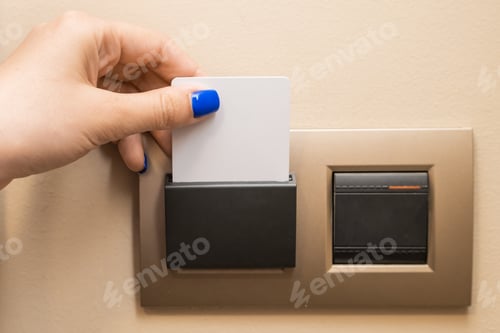 Preview: Woman hand puts key card to panel to switch on electricity in hotel room.