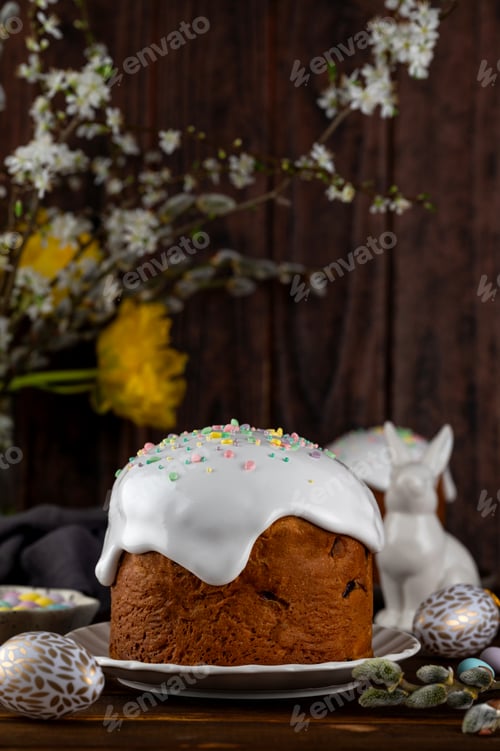 Preview: Easter sweet bread or Easter cake - Paska with white sugar glaze and colored sprinkles on top