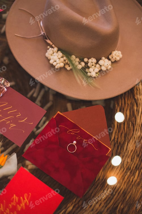 Preview: Top View of Wedding Ring, invitations and Hat in Bohemian Style
