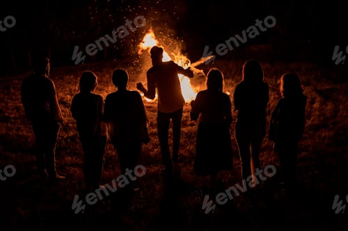 Preview: group of friends dancing and having fun near bonfire