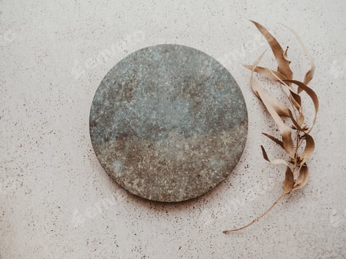Preview: Marble gray round podium and dry eucalyptus branch on beige texture background