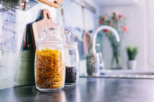 Preview: Fresh pasta in jar on kitchen table top