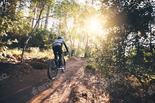 Preview: Cycling, nature and fitness with man on path for training, workout or cardio exercise. Adventure, e