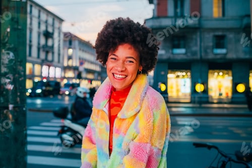Preview: Portrait young mixed race woman outdoor posing outdoor laughing