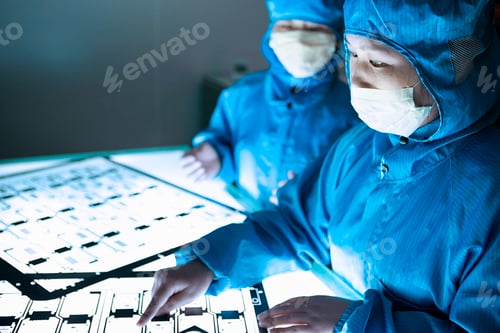 Preview: Two technicians in cleanroom suits examining microchips under blue light