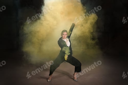 Preview: Pasadoble, latin solo dance and contemporary dance - Young beautiful female dancing into smoke cloud