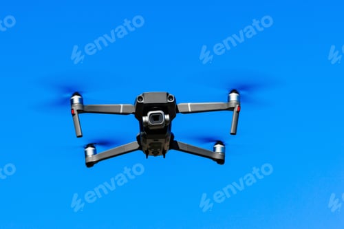 Preview: Drone fly in the blue sky. Drone Filming View. High quality photo.