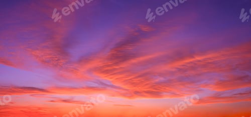 Preview: Dusk sky background with colorful dramatic orange clouds on blue twilight sky, Panoramic view