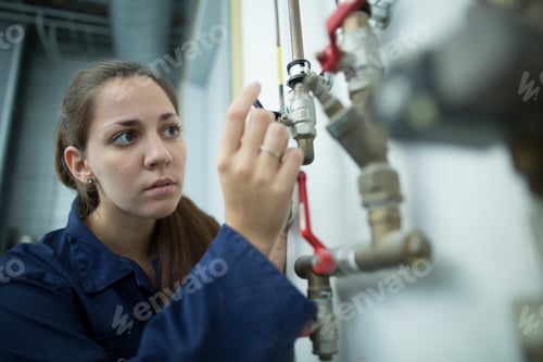 Preview: Female engineer turning pipe valve in factory
