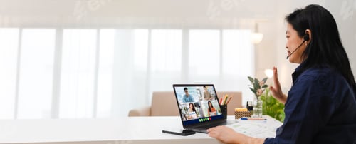 Preview: Video conference meeting from home.asian woman say hi to coworker