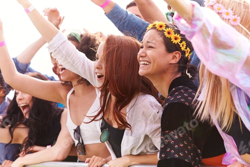 Preview: Cheering Young Friends In Audience Behind Barrier At Outdoor Festival Enjoying Music