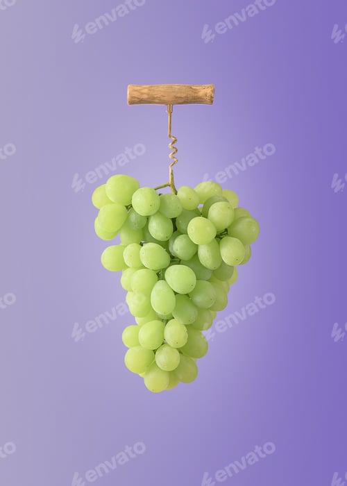 Preview: The creative concept of winemaking. A bunch of grapes with a wine corkscrew on a purple background.