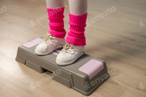 Preview: Exercising on Aerobic Step Platform with Pink Leg Warmers