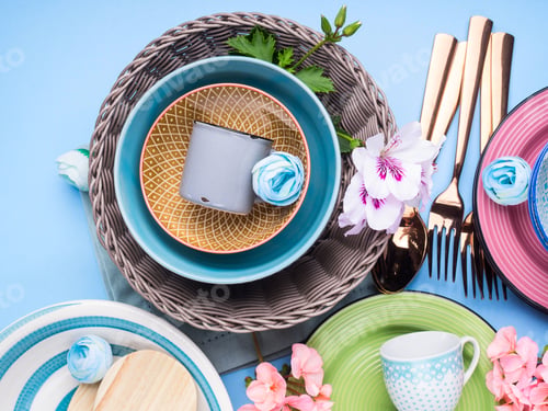Preview: Tableware dish set on blue pastel background