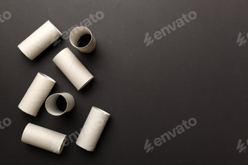 Preview: Flat lay composition with empty toilet paper rolls and space for text on color background.