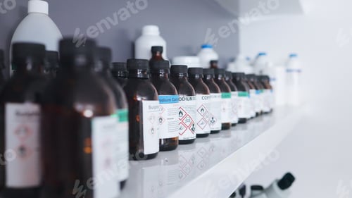 Preview: Science, pharmaceutical chemical and bottle on shelf in laboratory for medical research. Healthcare