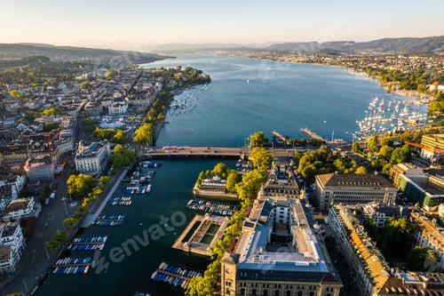 Preview: Aerial drone shot flying above Lake Zurich, Switzerland in sunny day.