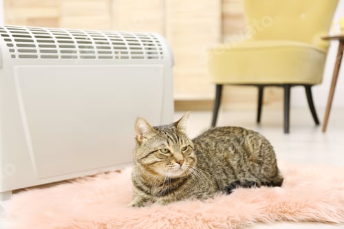 Preview: Cute tabby cat near electric heater at home