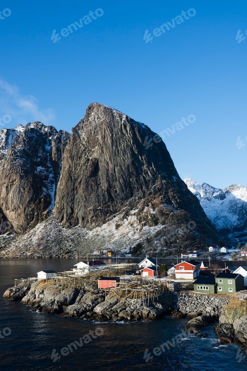 Preview: Landscape with waterfront houses and mountains, Hamnoy, Lofoten Islands, Norway