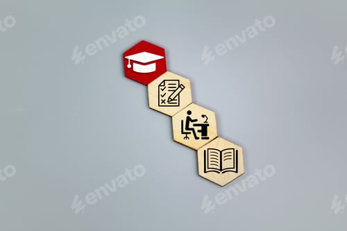 Preview: hexagon with icons of education, learning, exam, success, study