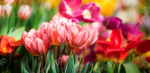 Preview: Beautiful multi-colored tulips on a blurred background. spring background