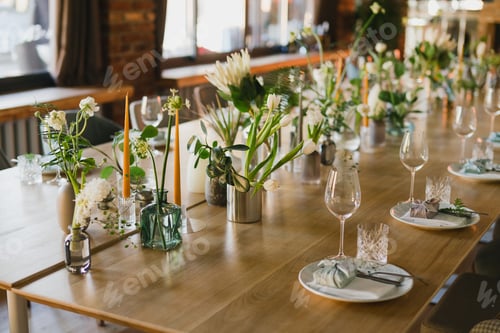 Preview: Coziness and style. Modern event design. Table setting at the wedding reception.