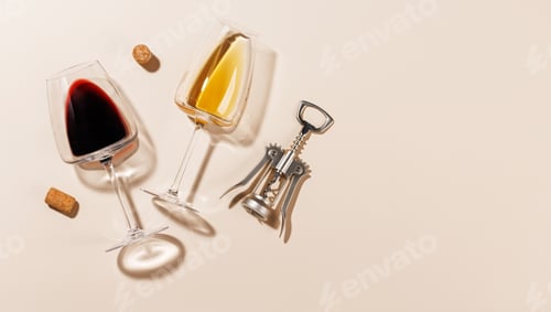 Preview: Two wine glasses alongside a corkscrew and several corks