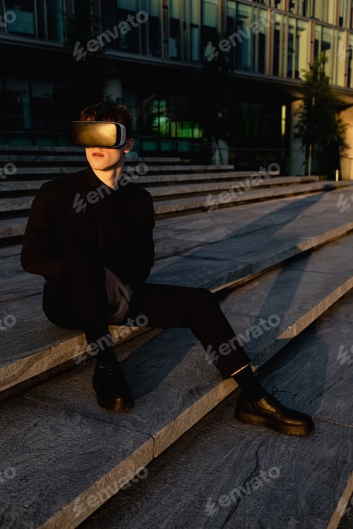 Preview: Handsome young man taking on VR glasses and having VR headset. Outdoors. Portrait shot