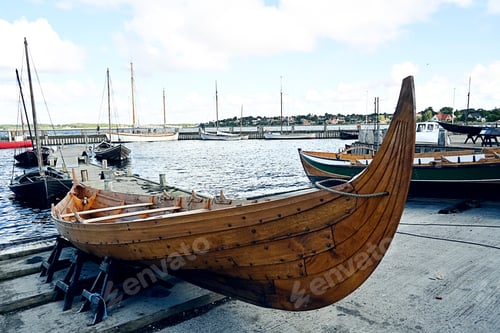 Preview: Viking boat making, wooden boat on the shore.