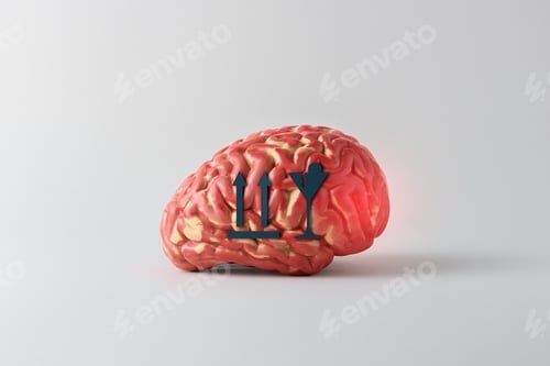 Preview: Creative headache concept on a gray background. Model of the human brain with a fragile sign.