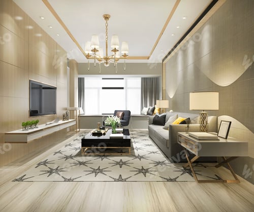 Preview: 3d rendering wood classic living room and dining room with shelf