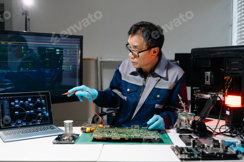 Preview: Close up of soldering circuit board, electronics repair process, PCB engineering, hardware