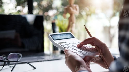 Preview: woman accountant or banker using calculator in retro office.