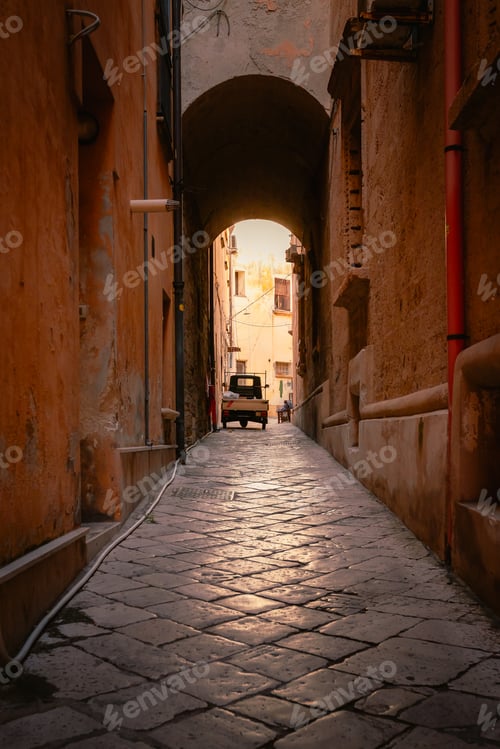 Preview: Alley in Old Taranto with typical Italian vehicle parked