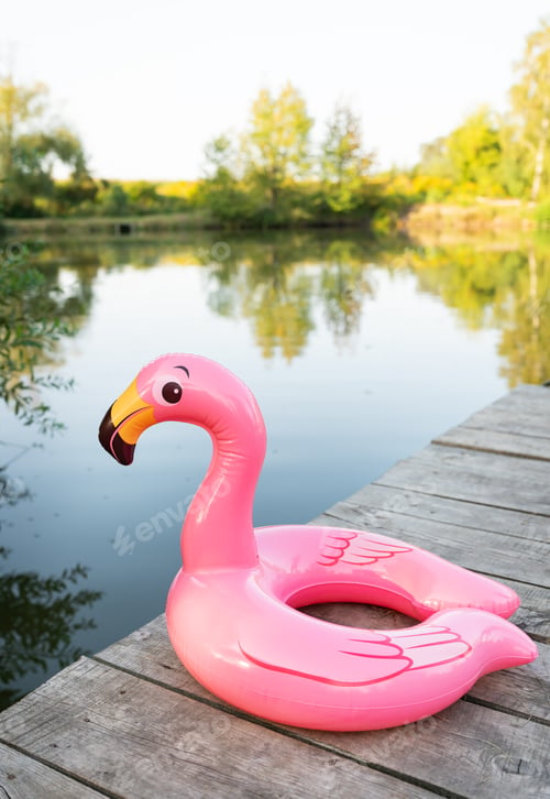 Preview: Inflatable pool toy, pink flamingo. Outdoor recreation outside the city, flamingos on a wooden pier.