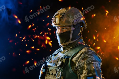 Preview: Portrait of a Tactical Soldier in Combat Gear against an Intense Orange and Blue Background