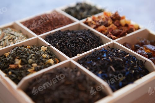 Preview: Various kind of dry tea in wooden box