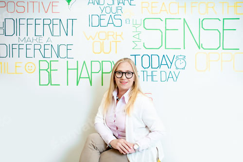 Preview: Woman on the wall background with various inscriptions