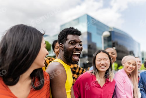 Preview: Young multiracial friends having fun together hanging out in the city