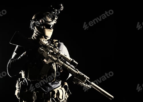 Preview: Army marksman with sniper rifle in darkness