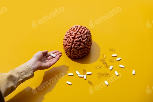 Preview: Female holds pills near brain on yellow background